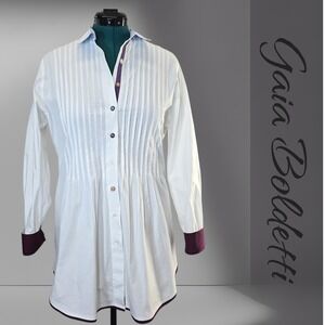 Marilyn's Gaia Boldetti White Cotton Pleated Tunic Shirt Button Up Made in Italy